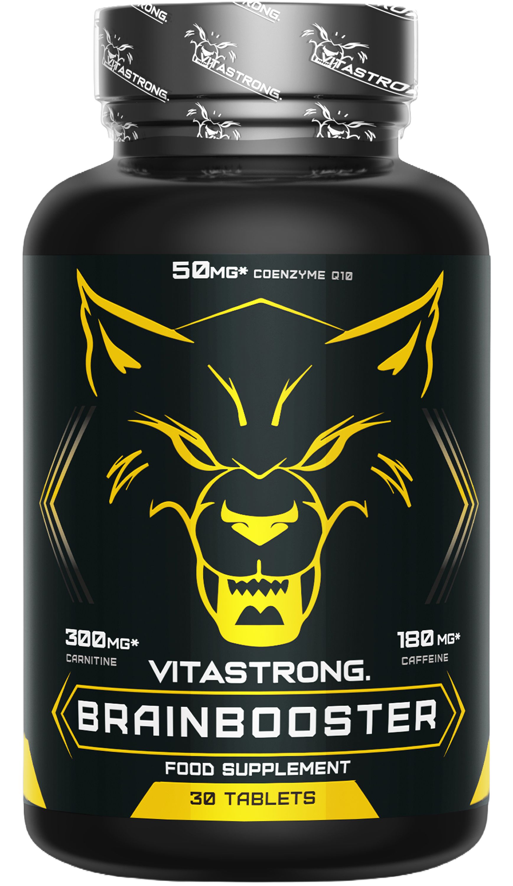 Vitastrong Brainbooster fles met wolfskop design, 30 tabletten.