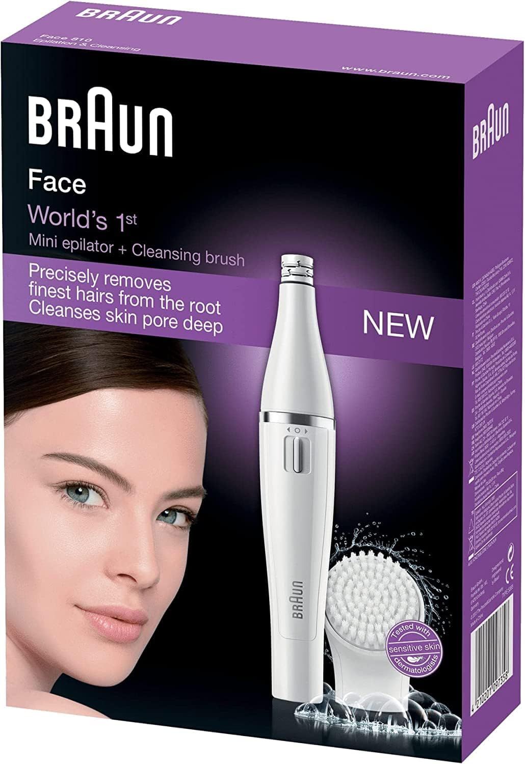 Verpakking Braun FaceSpa. Bevat mini-epilator en reinigingsborstel. Tekst: "World's 1st". Afbeelding van een vrouw.