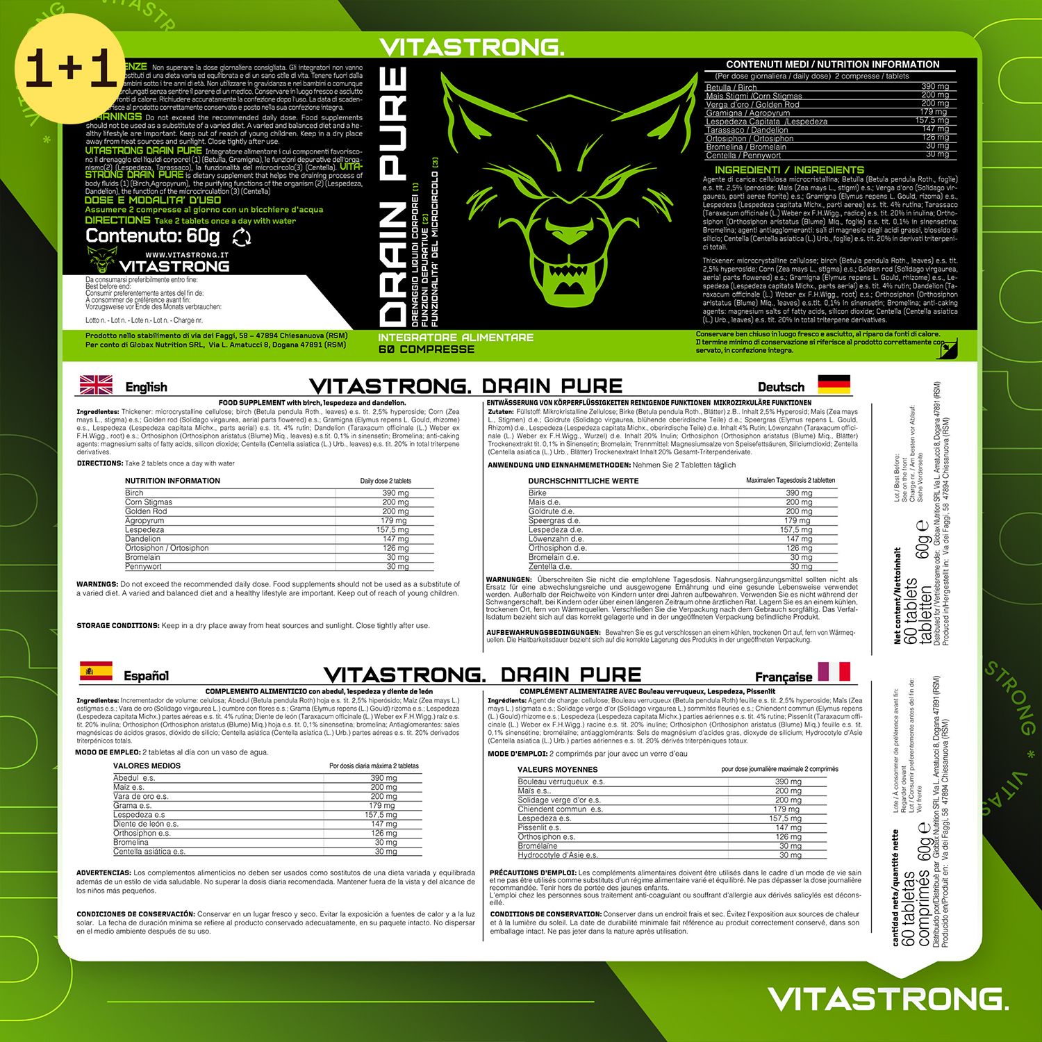 Emballage de Vitastrong Drainpure. Informations multilingues. 60 comprimés.