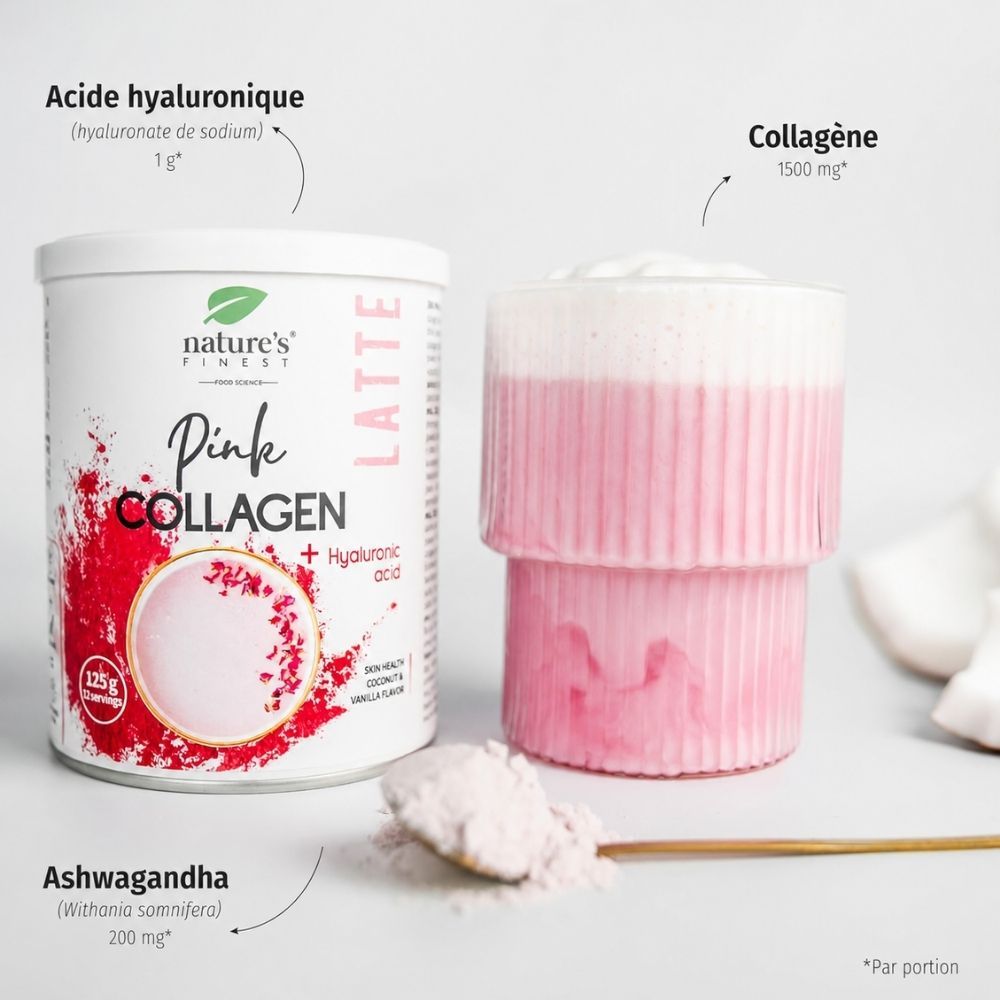 Boîte Pink Collagen, verre de Pink Latte, cuillère de poudre, morceaux de noix de coco.