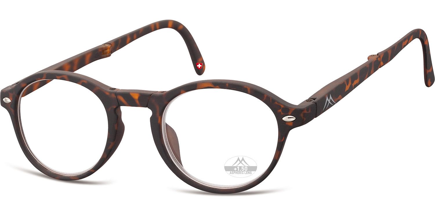 Lunettes de lecture rondes, motif marron. Branches et monture avec logo. Croix suisse sur la branche. Verres +1.50.
