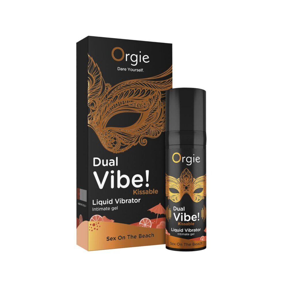 Produit et emballage. Flacon noir et boîte avec masque doré. Texte: Dual Vibe! Kissable Liquid Vibrator Intimate gel. Sex On The Beach.