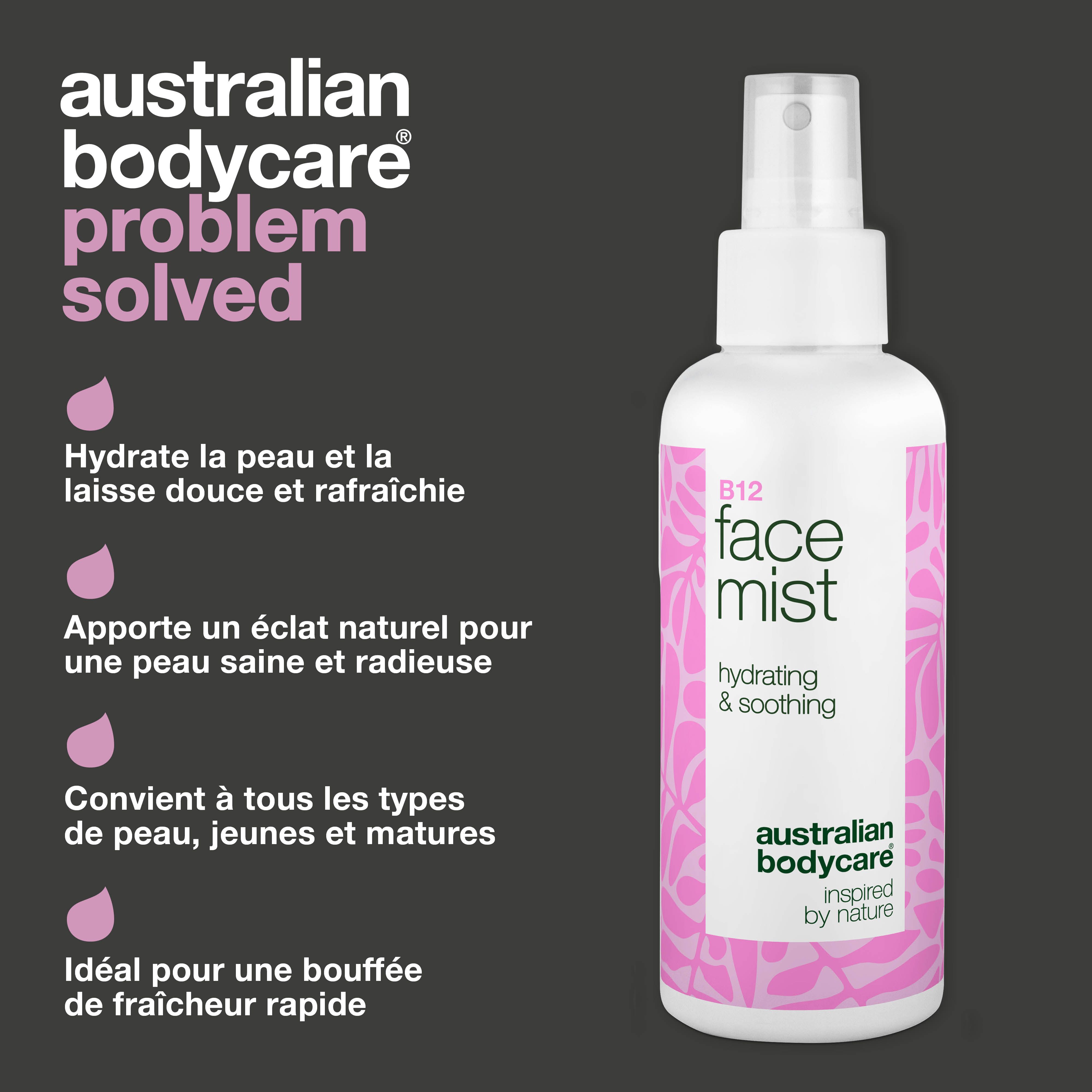 Une bouteille de B12 Face Mist. Texte : Australian Bodycare, Problème résolu. Hydrate la peau et la laisse douce et rafraîchie.
