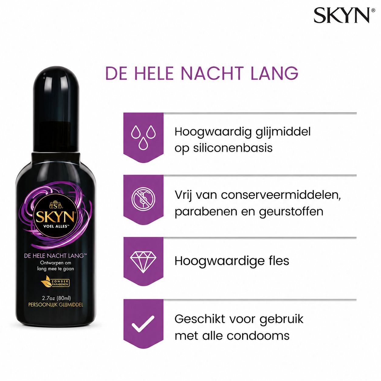 SKYN All Night Long glijmiddel: Hoge kwaliteit, op siliconenbasis, vrij van conserveermiddelen.