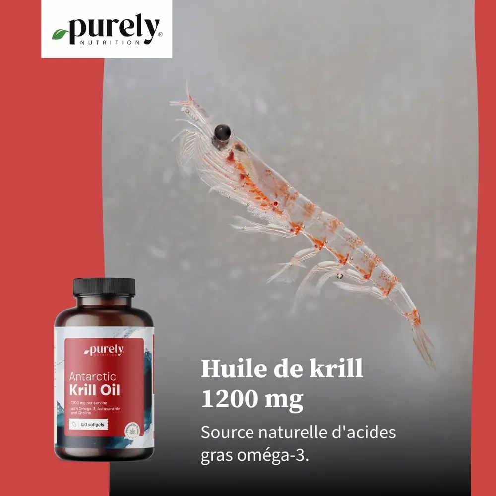 Flacon avec étiquette rouge et krill. Texte: Huile de krill 1200 mg. Logo: Purely Nutrition.