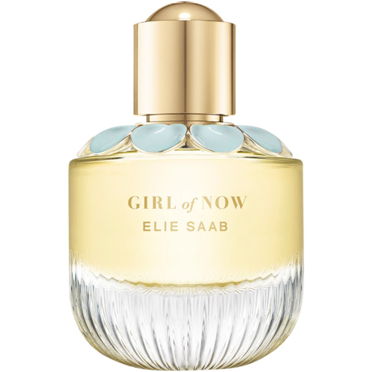 Flacon de parfum avec bouchon doré et fleurs bleu clair. Inscription : GIRL of NOW, ELIE SAAB.