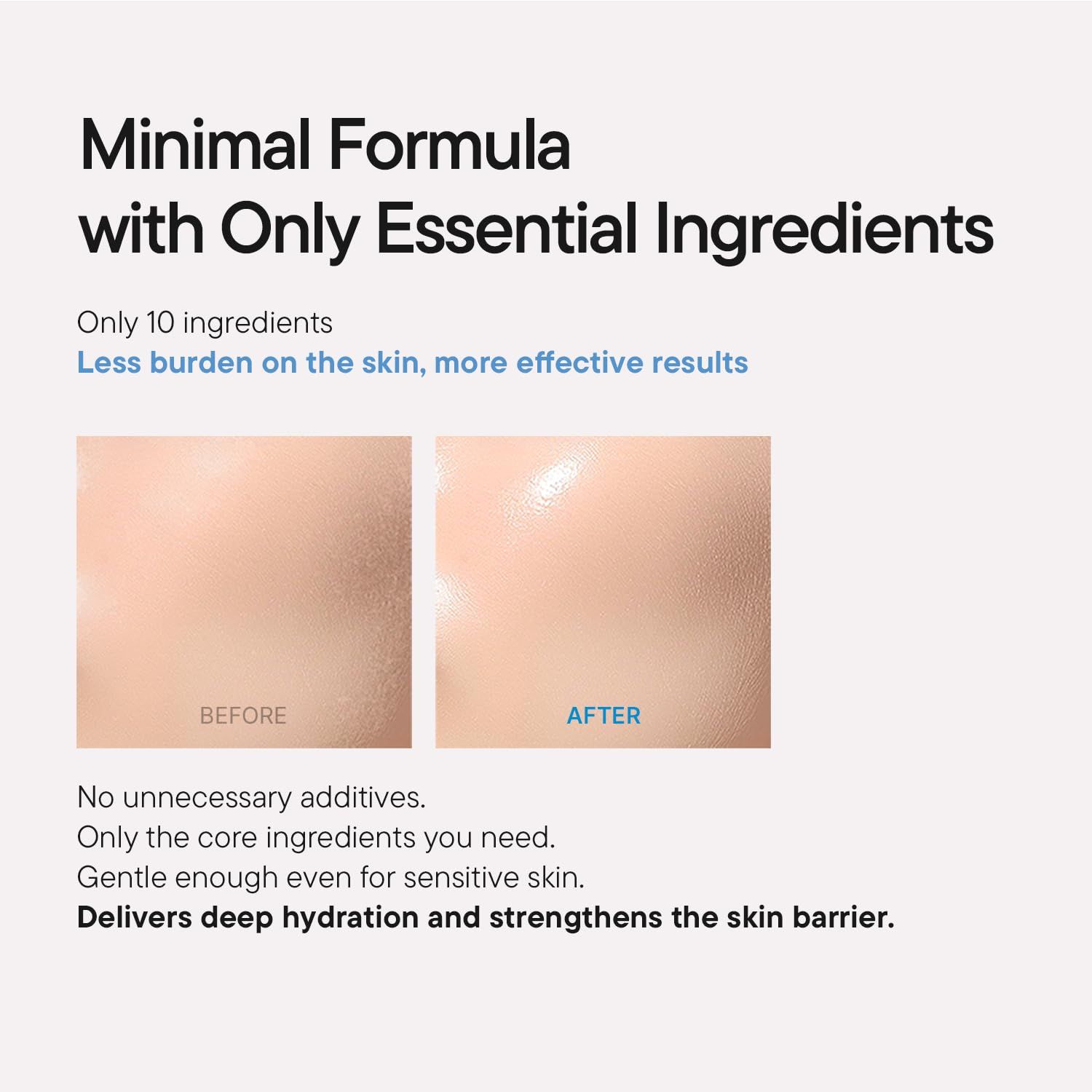 Texte : Formule minimale avec uniquement des ingrédients essentiels. Comparaison avant-après de la peau.