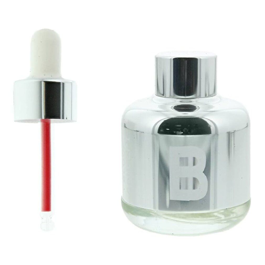 Flacon argenté avec bouchon blanc et pipette. Liquide rouge visible dans la pipette. "B" sur le flacon.