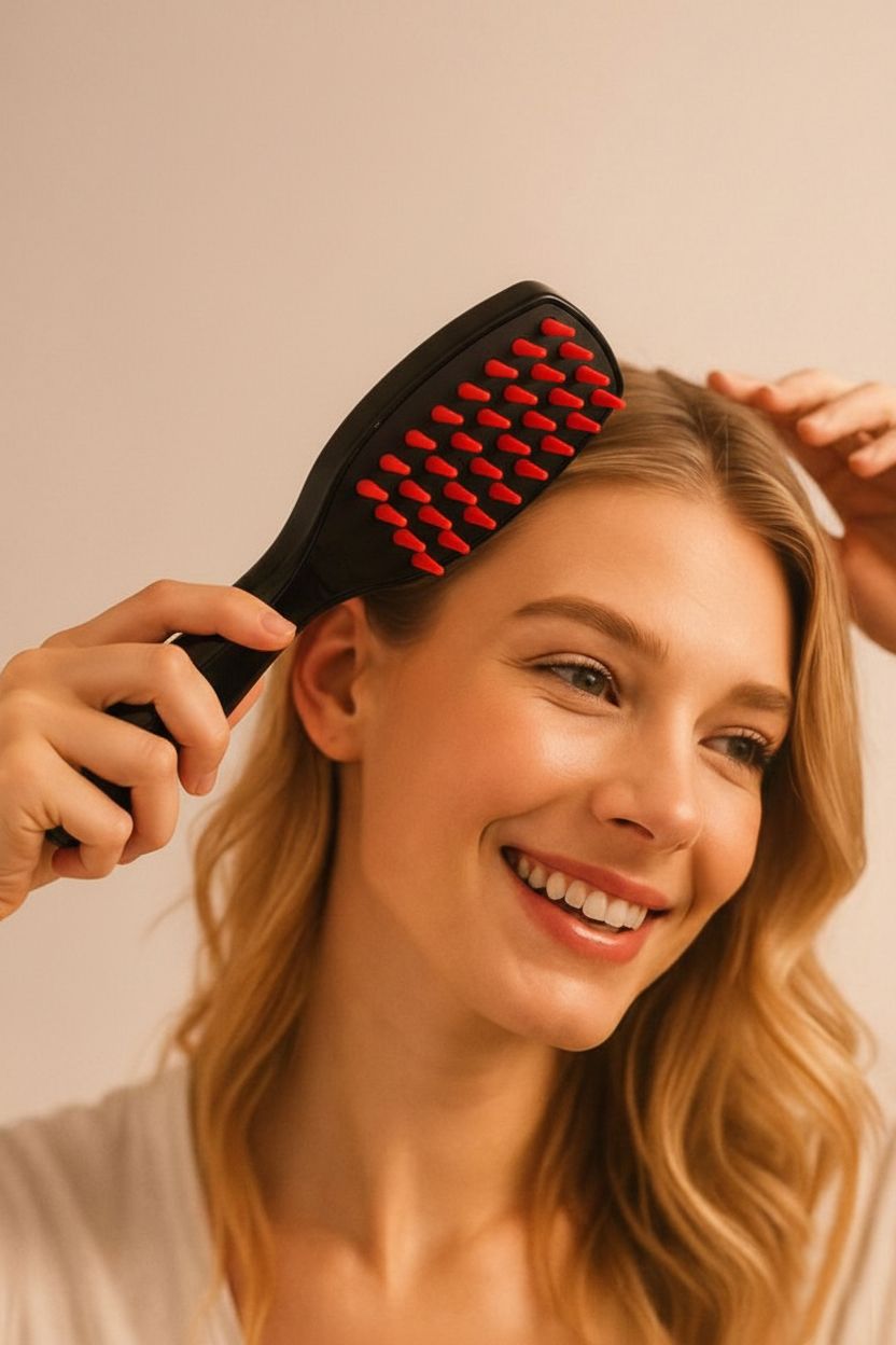Een vrouw met blond haar gebruikt een zwarte haarborstel met rode borstels.
