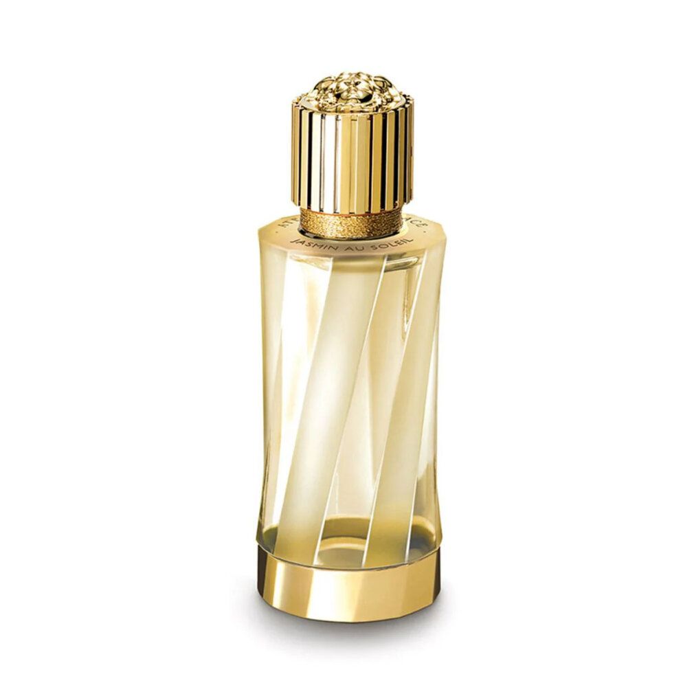 Flacon doré avec un bouchon texturé, rempli de parfum clair.