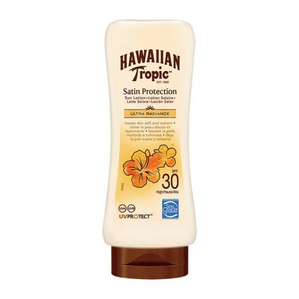 Hawaiian Tropic Satin Protection Crème solaire SPF 30, flacon blanc, bouchon marron, fleurs jaunes.