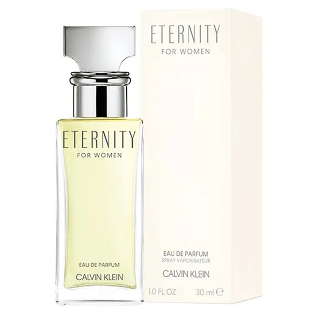 Parfumfles. Opschrift: ETERNITY, Calvin Klein. Fles met zilveren dop.