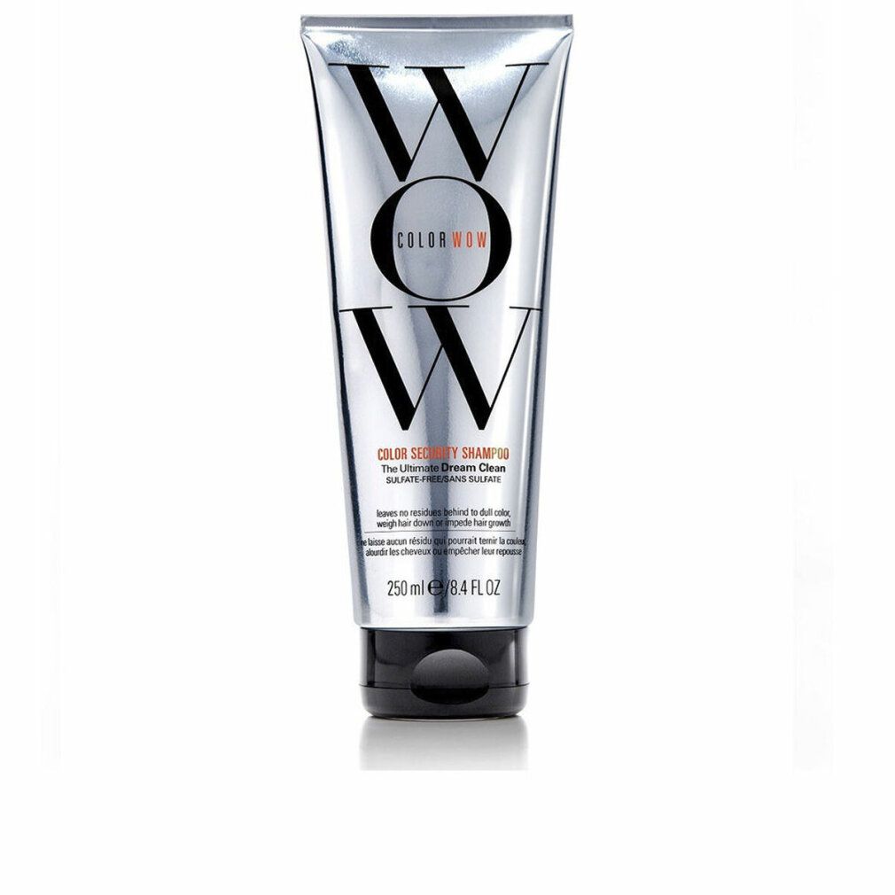 Zilveren tube met zwarte dop. Opschrift "WOW" en "COLOR WOW" en productnaam "Color Security Shampoo".
