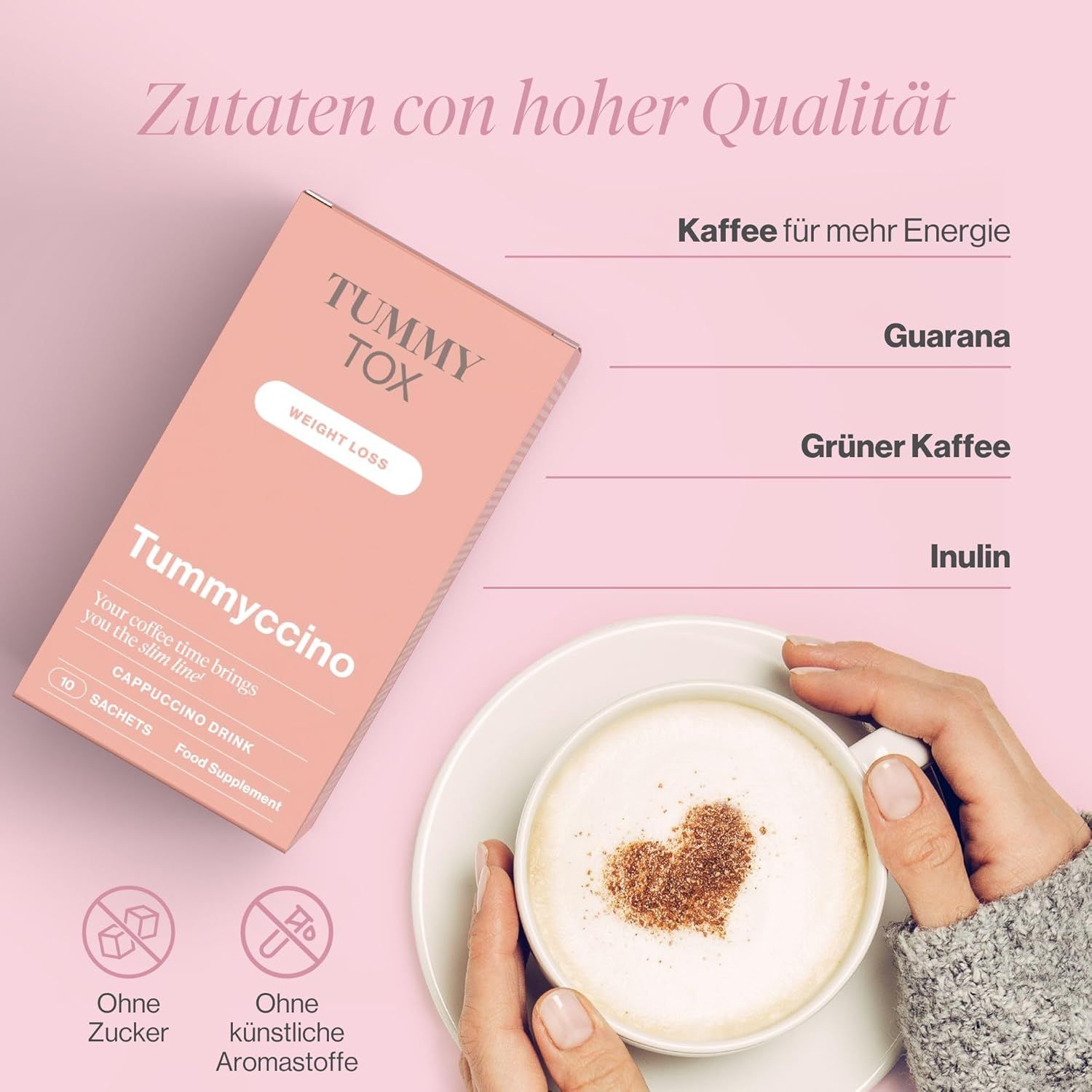 Emballage du produit. Texte: Tummyccino, Cappuccino Drink, 10 sachets, sans sucre, sans arômes. Ingrédients: café, guarana, café vert, inuline.
