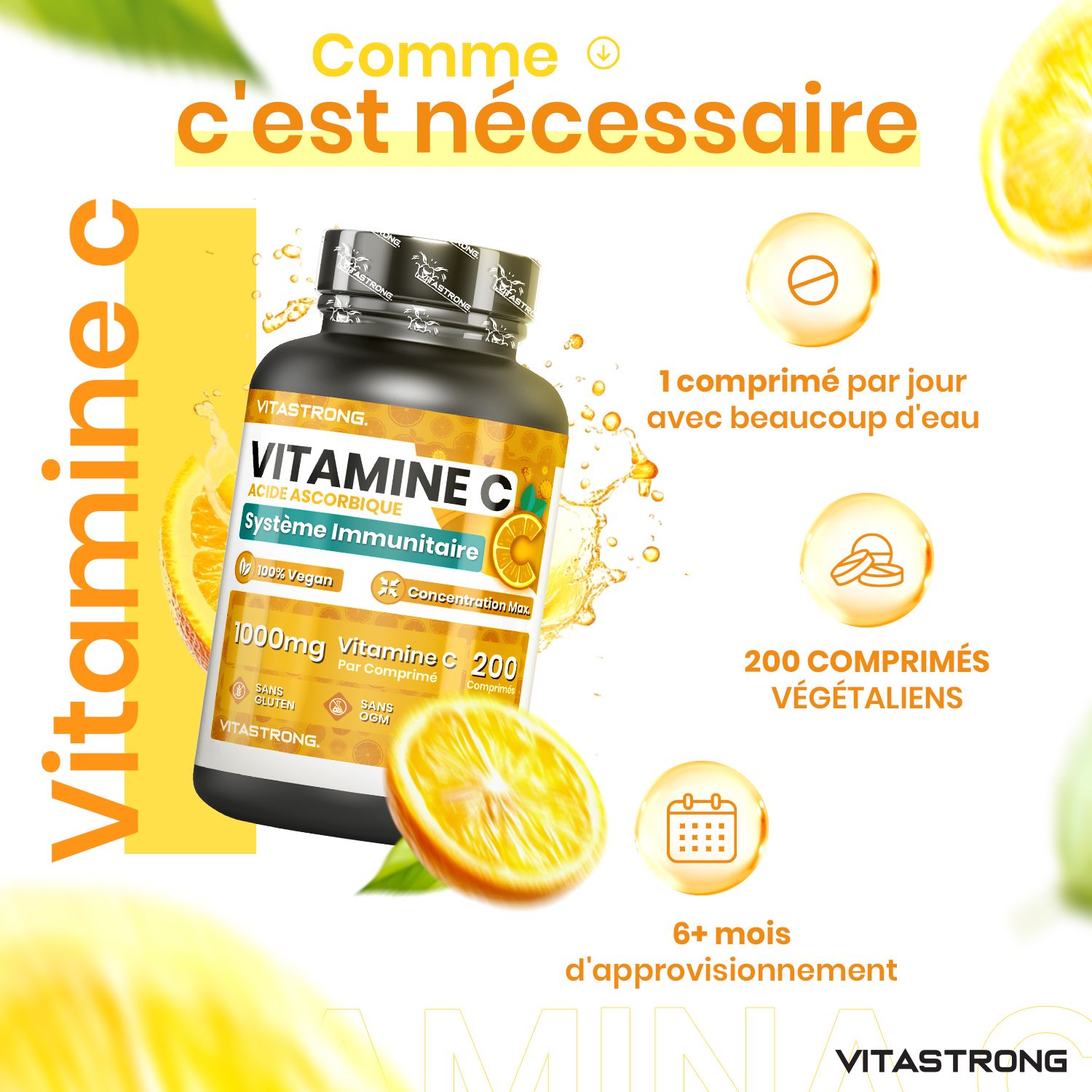 Vitastrong Vitamine C fles. 1 tablet per dag, 200 tabletten, 6+ maanden voorraad. Tekst: Vitamine C.