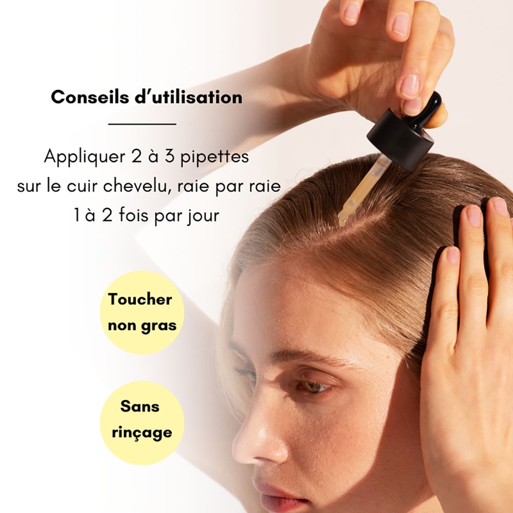 Conseils d'utilisation. Appliquer 2-3 pipettes sur le cuir chevelu, raie par raie, 1-2 fois par jour. Non gras, sans rinçage.
