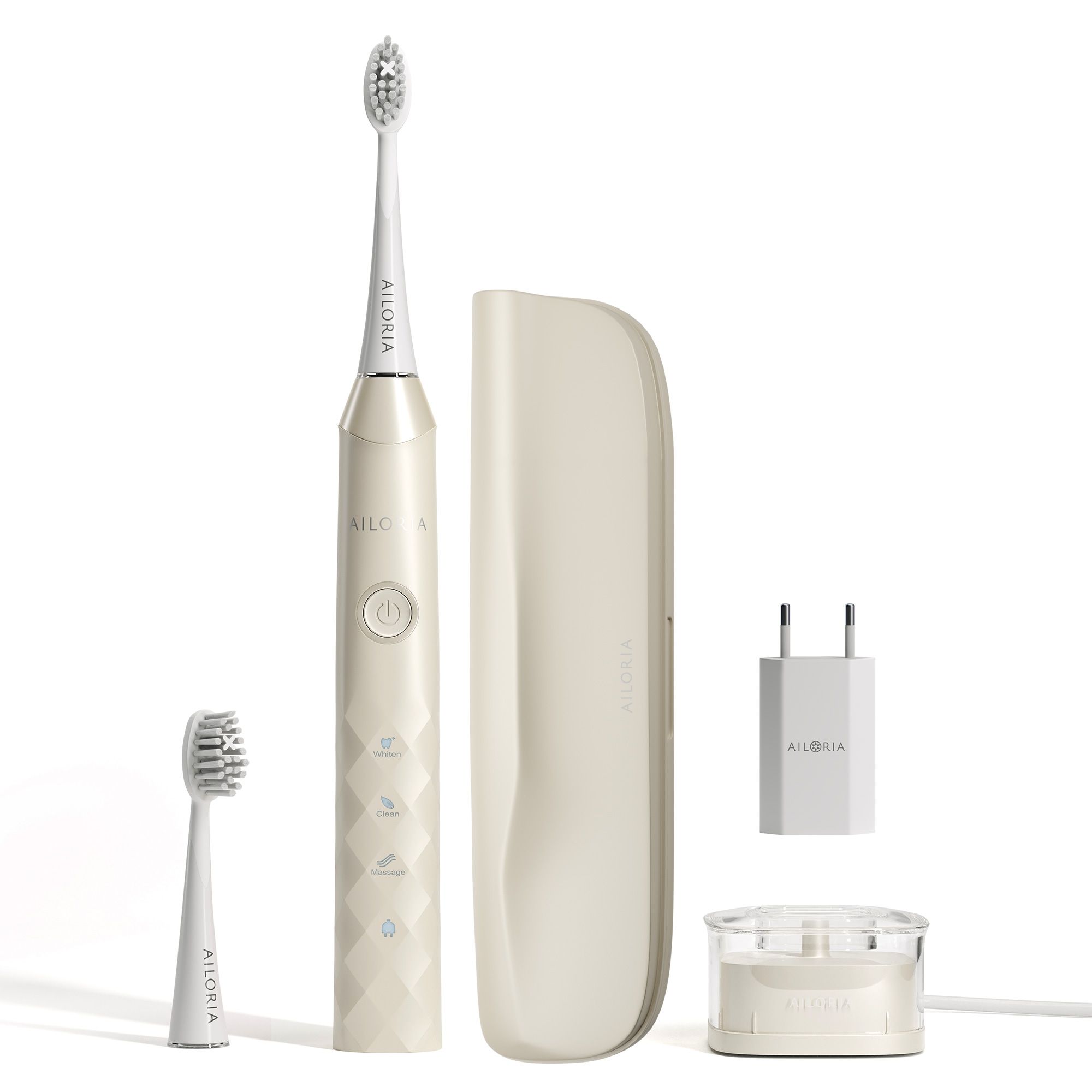 Brosse à dents électrique beige, avec station de charge, étui de voyage et adaptateur secteur. Logo AILORIA visible.