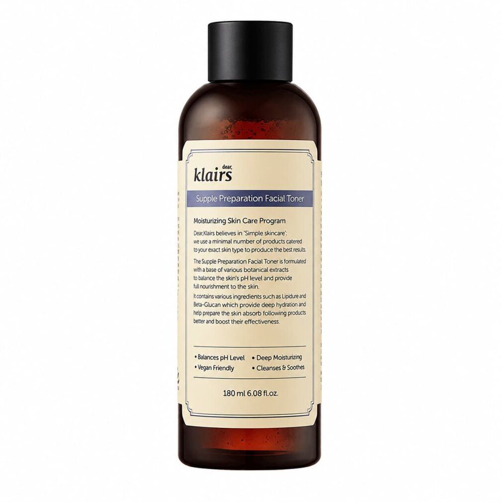 Bouteille en verre brun avec étiquette claire, Dear Klairs Supple Preparation Facial Toner, 180ml.