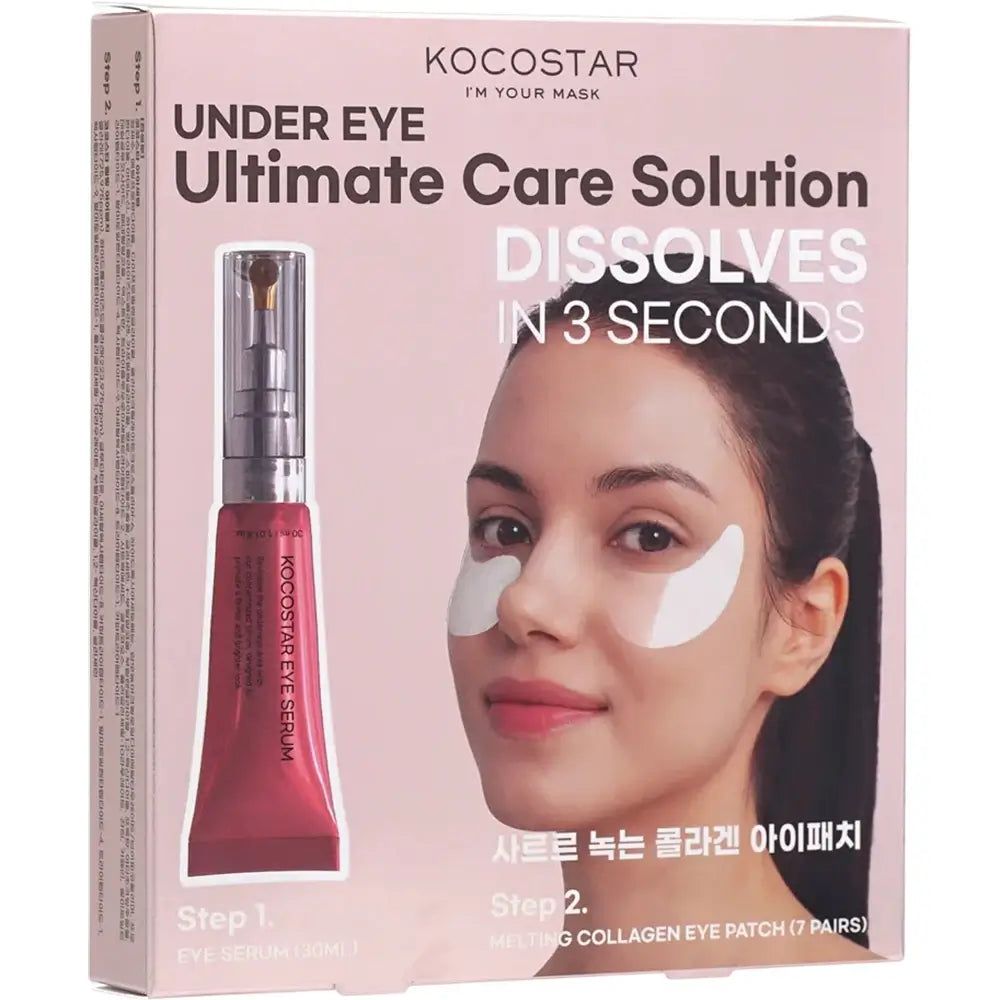 KOCOSTAR Ultimate Care Solution voor de ogen. Roze verpakking met serum en oogpatches. Vrouw met patches. Tekst: "Dissolves in 3 seconds".