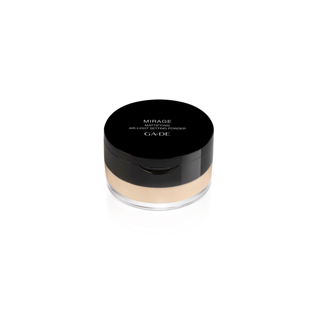 Boîtier de poudre rond avec couvercle noir. Inscription : Mirage, Mattifying Air Light Setting Powder, Ga-De.