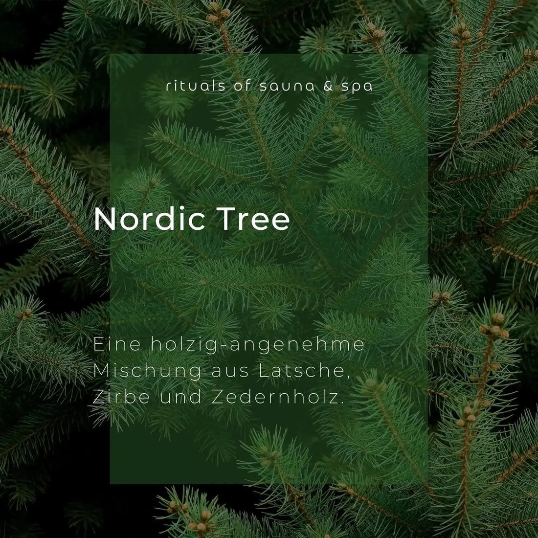 Groene achtergrond met tekst: Nordic Tree. Een houtachtige, aangename mix van bergden, arolla en cederhout. Rituals of sauna & spa.