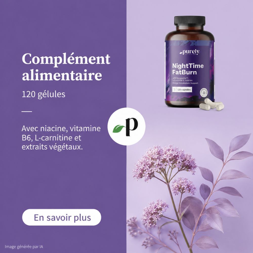 Image produit avec flacon, capsules et plantes. Texte : "Avec niacine, vitamine B6, L-carnitine et extraits végétaux."