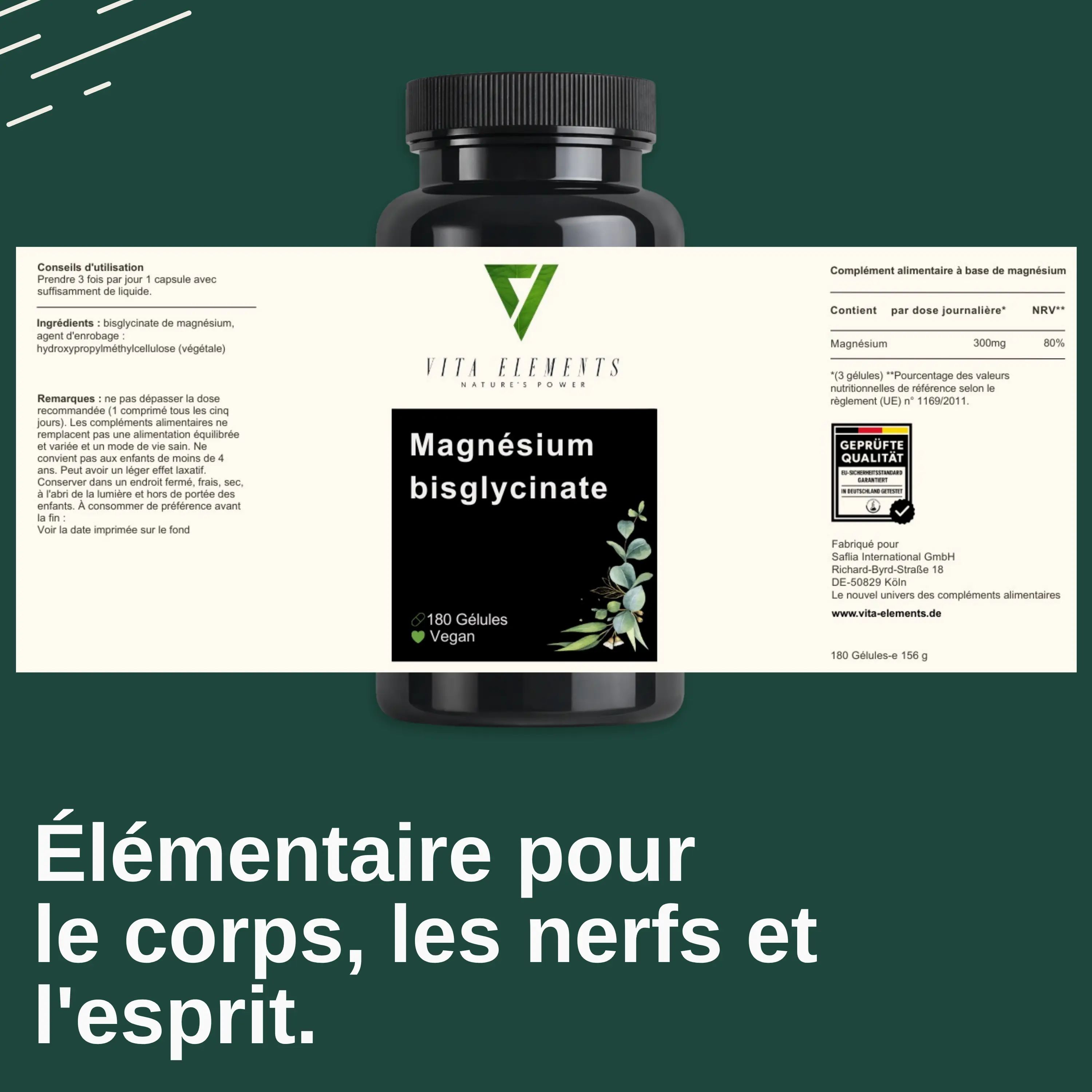 Routine quotidienne avec Vita Elements Magnésium bisglycinate : 300 mg par dose, 3 gélules par jour.
