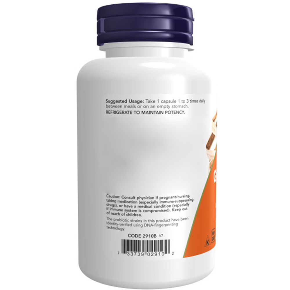 Witte fles met blauwe dop. Oranje etiket met tekst: Suggested Usage, CODE 29108 V1. NOW Foods, Gr8-Dophilus.