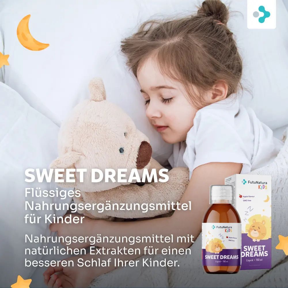 Enfant dormant au lit, à côté d'une bouteille Sweet Dreams. Inscription: FutuNatura Kids. Texte: Complément alimentaire liquide pour enfants.