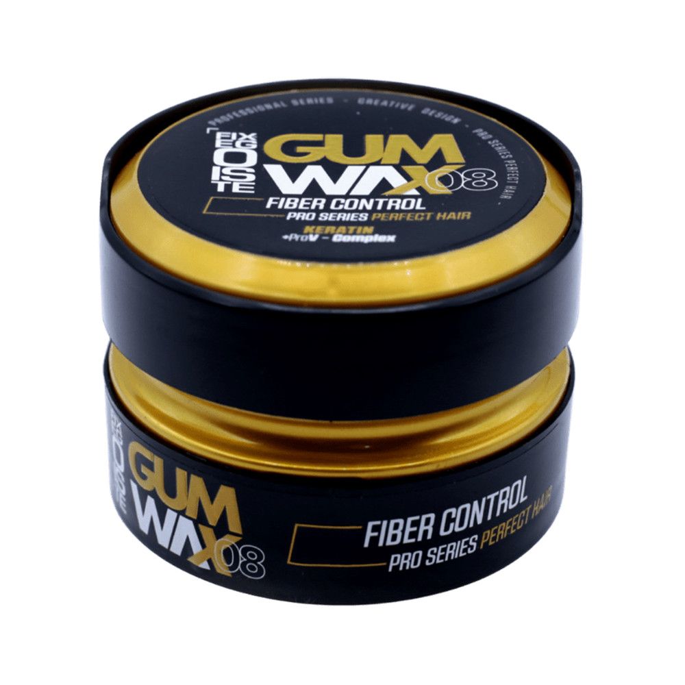 Pot de cire capillaire noir et doré. Inscription : GUM WAX 08, Fiber Control, Pro Series Perfect Hair.