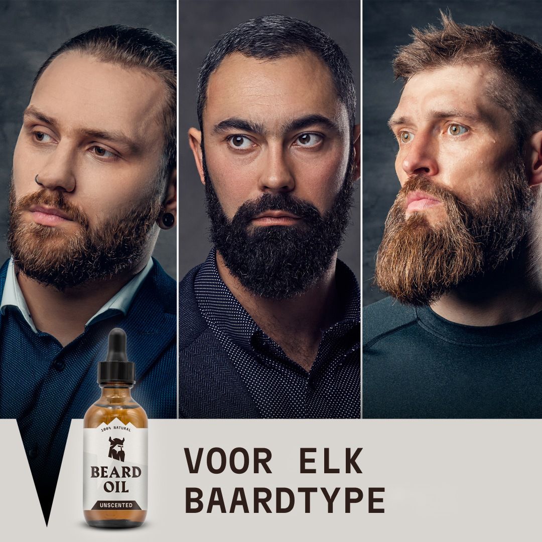 Collage van drie mannenportretten met baarden en een fles baardolie. Tekst: "VOOR ELK BAARDTYPE".