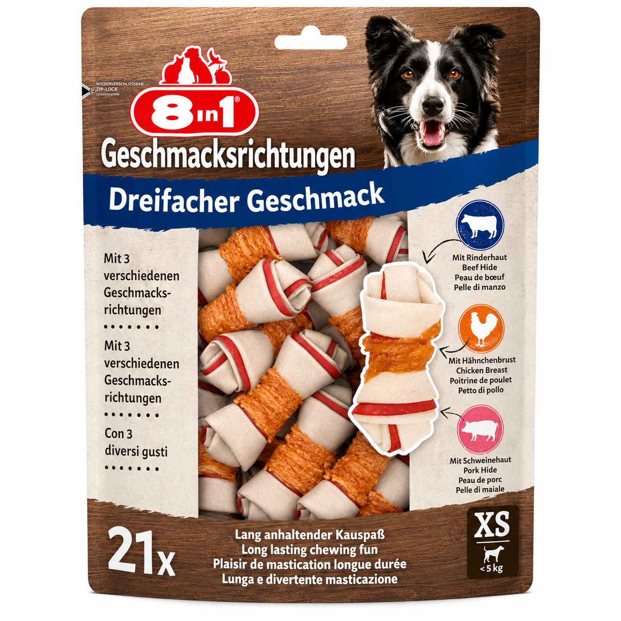 Emballage de 21 os à mâcher XS, triple saveur, peau de bœuf, poitrine de poulet et couenne de porc.
