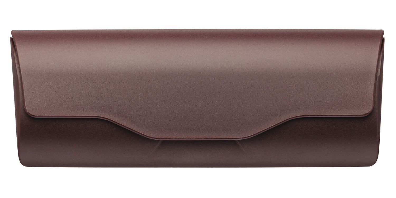 Bruine kunststof etui, rechthoekig met gebogen voorkant. Klapsluiting. Glad oppervlak.