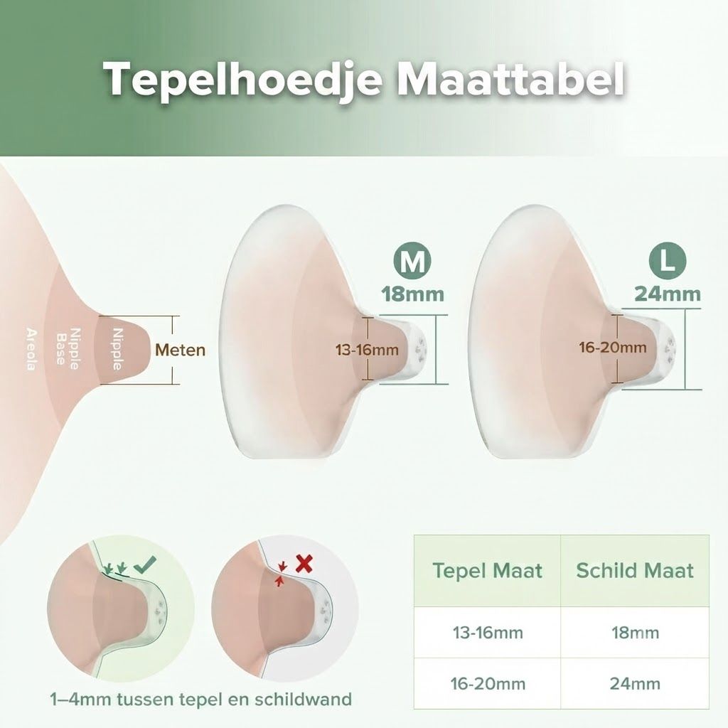 Maattabel voor tepelhoedjes: maten M (18mm) en L (24mm) met afmetingen voor tepel en schild.