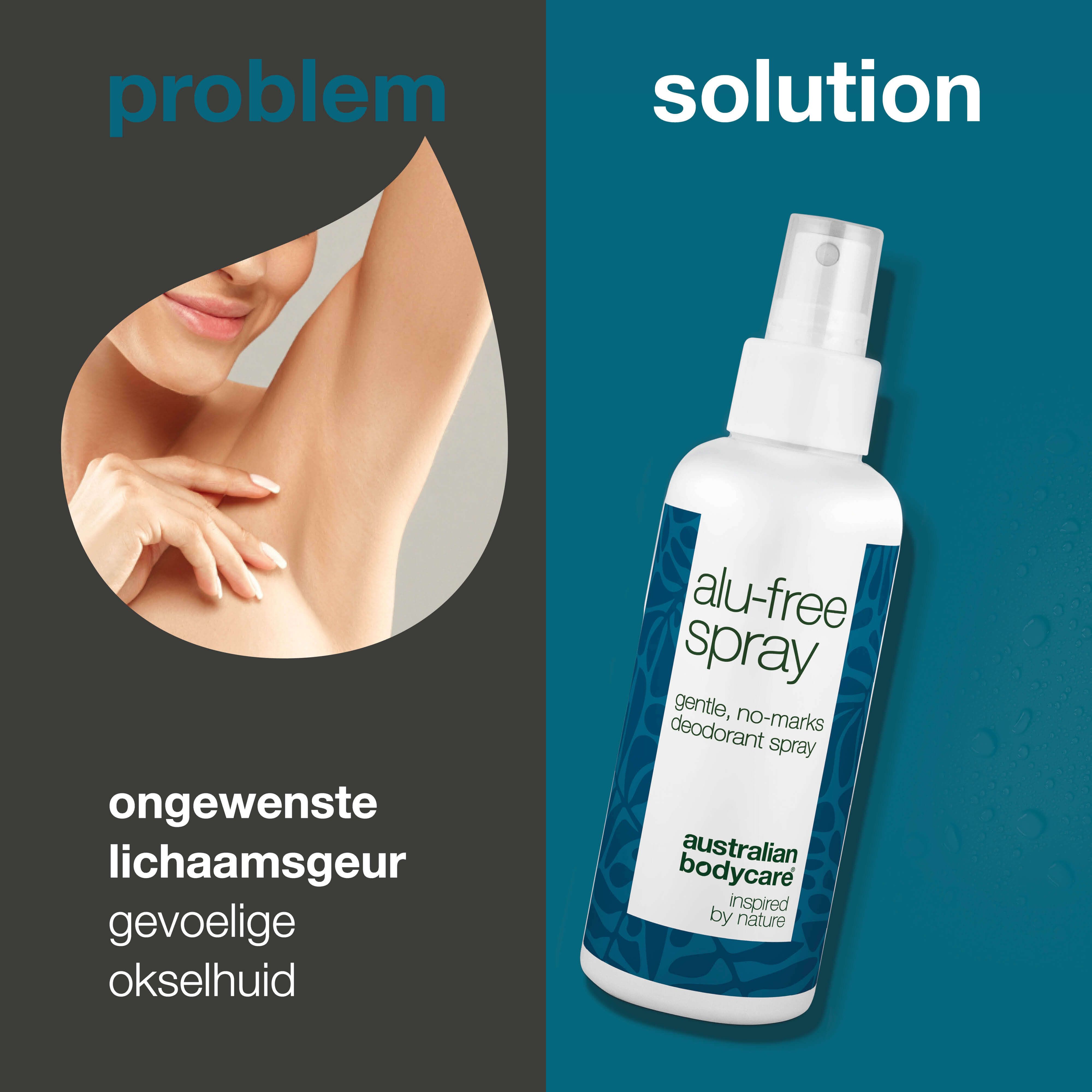 Probleem: Oksel met ongewenste lichaamsgeur. Oplossing: Aluminiumvrije spray. Tekst: alu-free spray. Logo: Australian Bodycare.