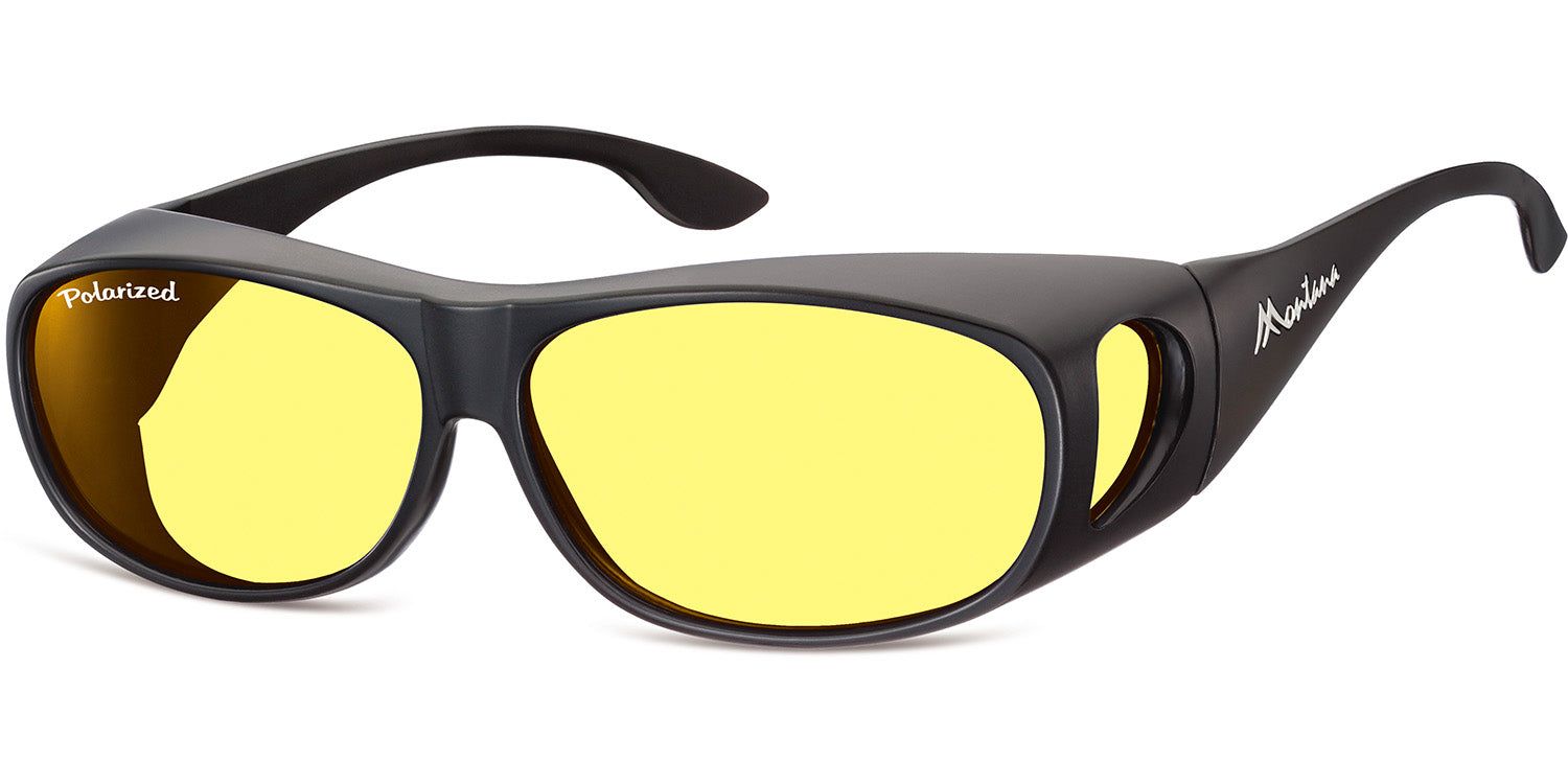 Lunettes de soleil enveloppantes avec verres jaunes et monture noire. "Polarized" sur le verre.