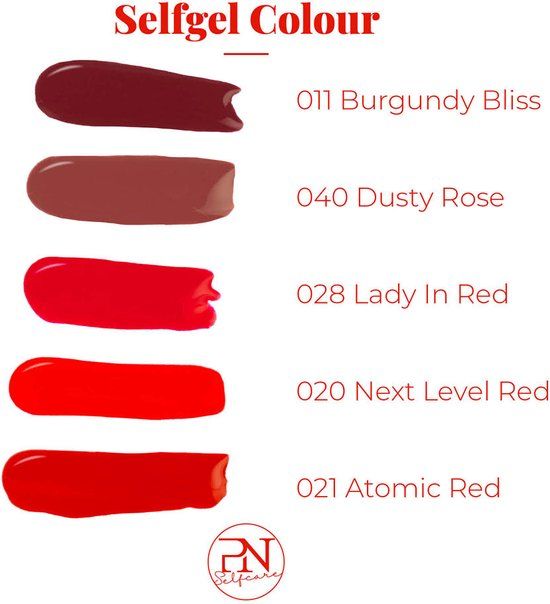 Palette de couleurs de vernis à ongles. Couleurs: 011 Burgundy Bliss, 040 Dusty Rose, 028 Lady In Red, 020 Next Level Red, 021 Atomic Red.