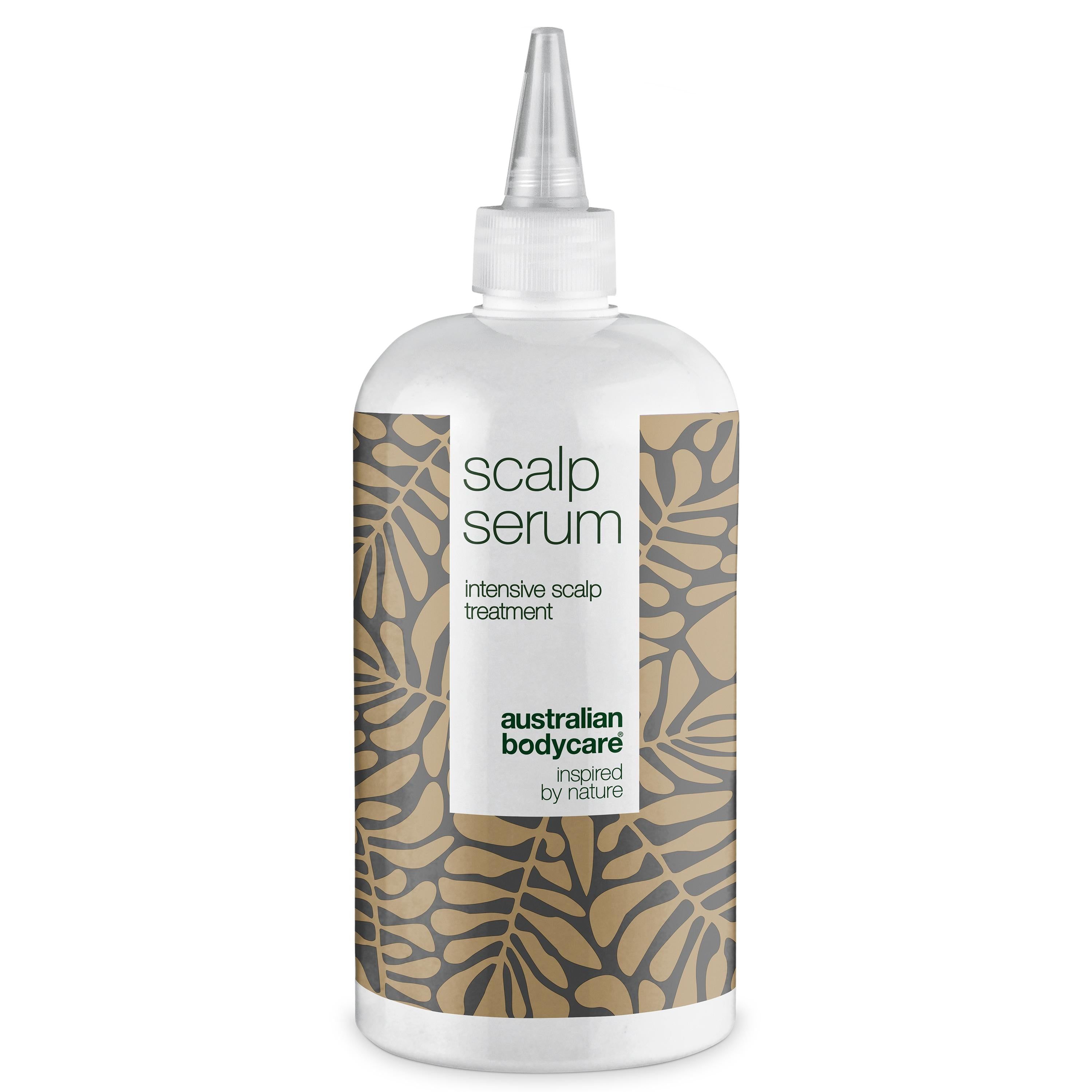 Sérum blanc avec applicateur. Inscription: Scalp Serum, intensive scalp treatment. Marque: Australian Bodycare.