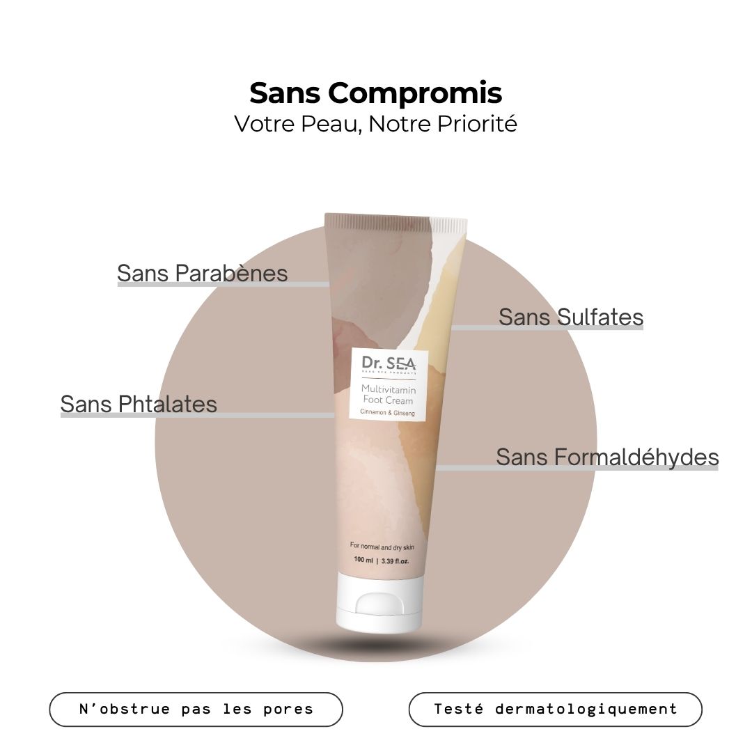 Tube de crème "Dr. SEA Multivitamin Foot Cream". Texte : Sans parabènes, phtalates, sulfates, formaldéhydes. Testé dermatologiquement.