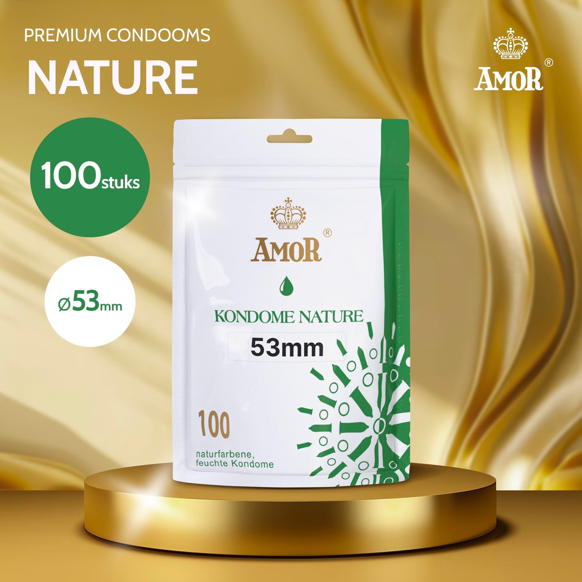 Amor Nature condooms 53mm, 100 stuks, op een gouden voetstuk.