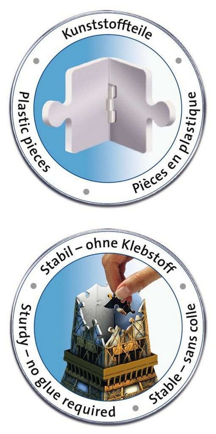 Twee cirkelvormige illustraties. Boven: puzzelstukjes. Onder: hand plaatst puzzelstukje in 3D-puzzel Eiffeltoren. Tekst: Plastic stukjes, Stabiel.