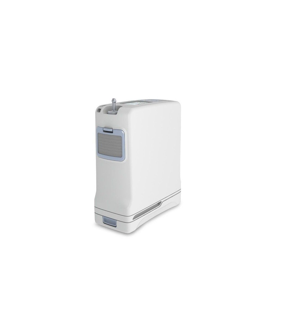 Witte mobiele zuurstofconcentrator met blauw ventilatierooster en bedieningselementen.