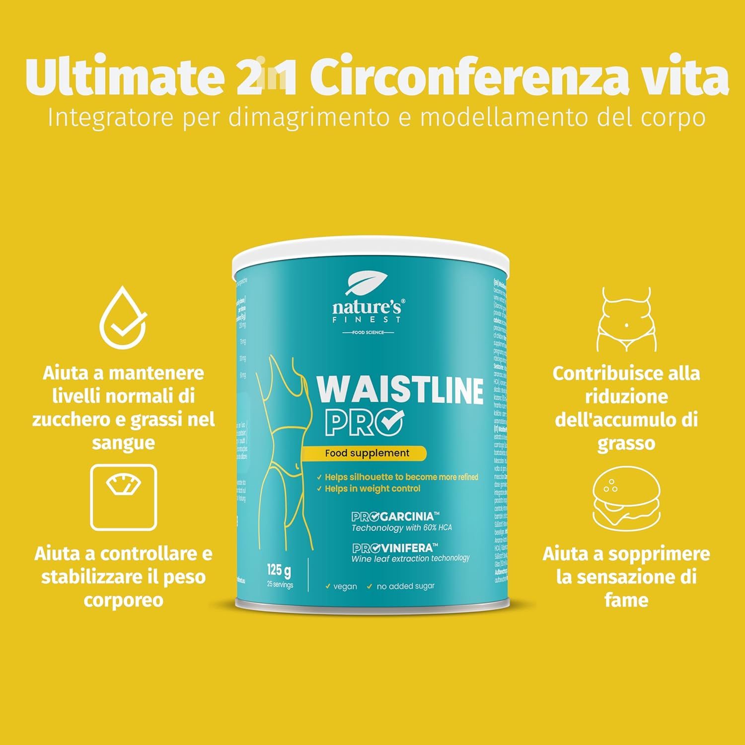 Pot "Waistline Pro" op gele achtergrond. Tekst: "Ultimate 2 in 1". Illustraties en iconen. 125g.