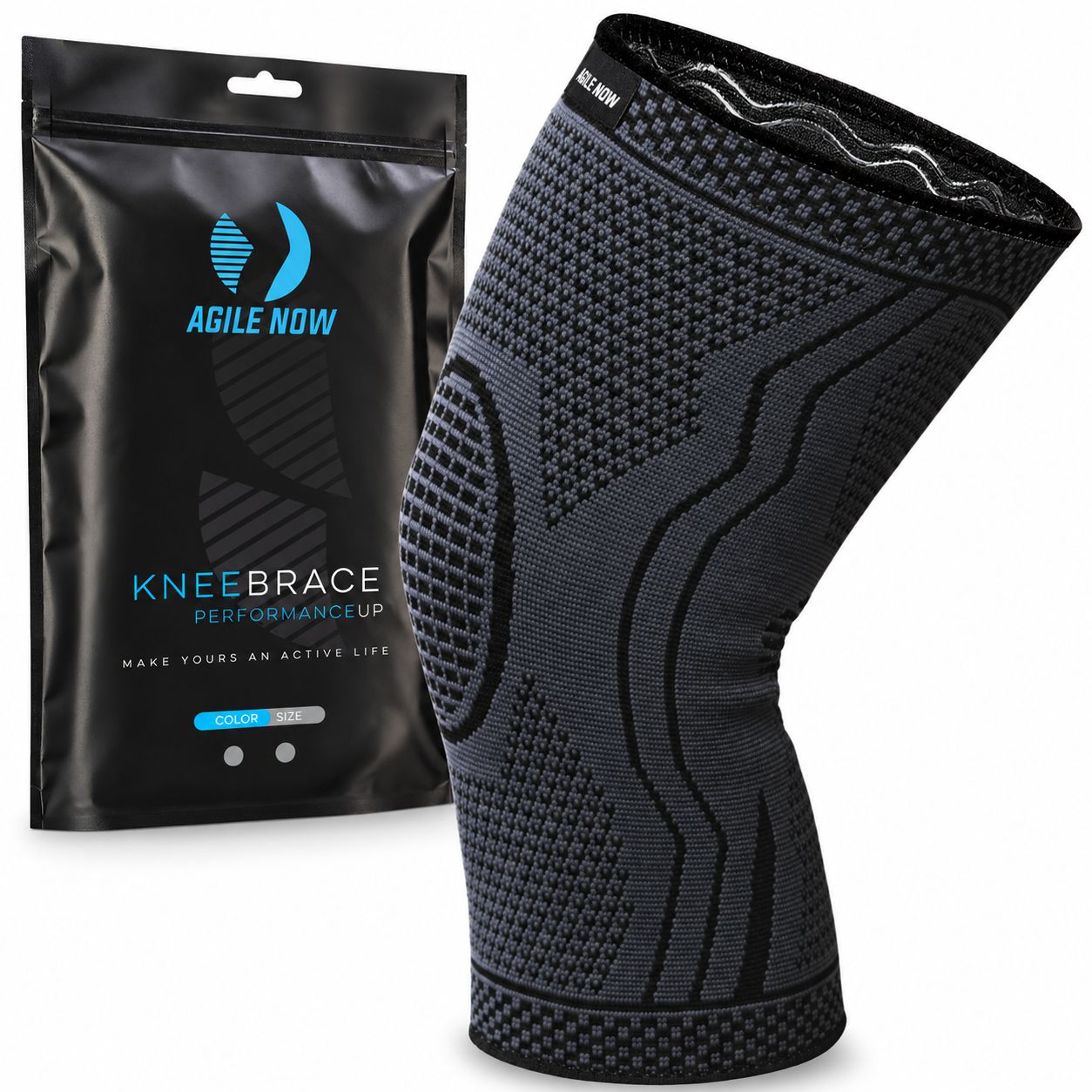 AGILE NOW Kniebandage Performance Up en verpakking. Kniebandage van ademend, elastisch materiaal.