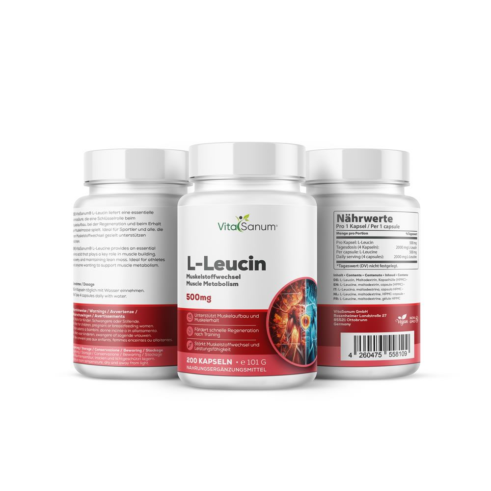 Gélules VitaSanum L-Leucine, 500mg. Trois flacons, complément alimentaire pour le métabolisme musculaire.