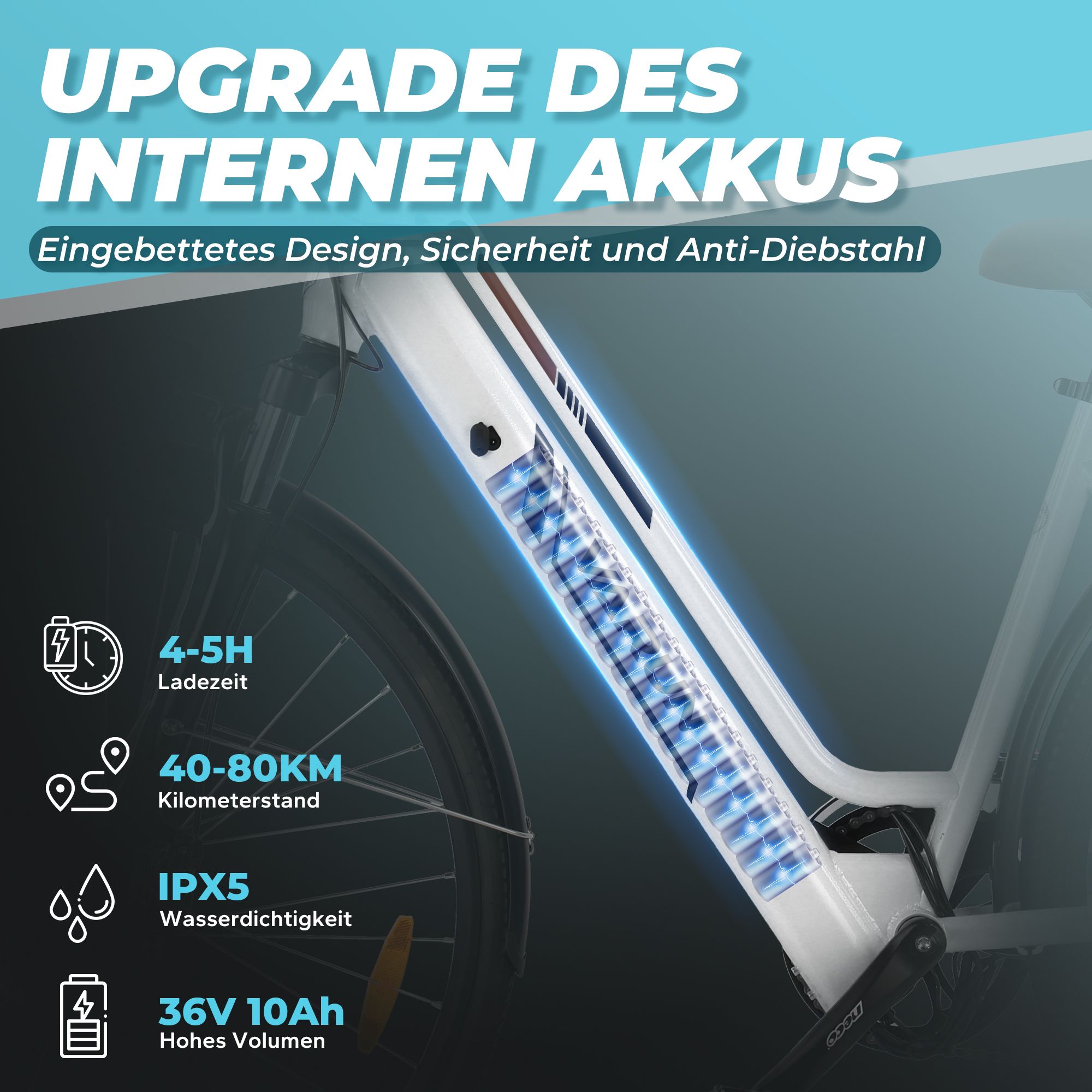 E-bike frame met ingebouwde batterij. Tekst: 4-5H oplaadtijd, 40-80KM bereik, IPX5 waterdichtheid, 36V 10Ah.