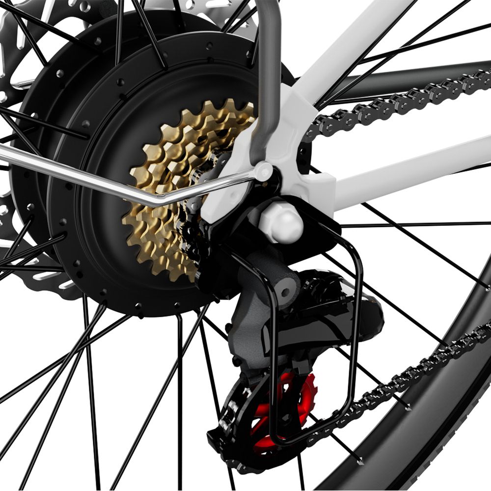 Close-up van de e-bike versnelling. Tandwielen, ketting en derailleur zichtbaar.