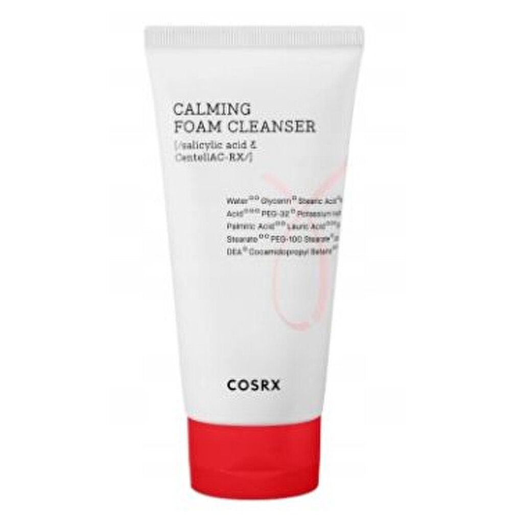 Tube blanc à base rouge. Inscriptions: CALMING FOAM CLEANSER, ingrédients. Marque: COSRX.