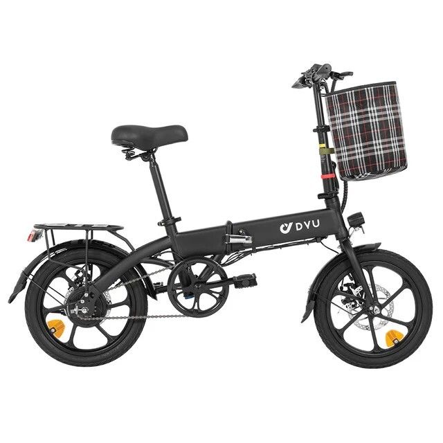 Vélo électrique noir avec panier. Marque DYU visible. Roues de 16 pouces, porte-bagages, selle, guidon, pédales et freins à disque.