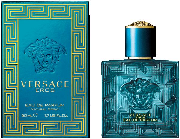 Turquoise fles. Opschrift: Versace Eros Eau de Parfum.